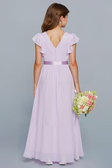 Robe de demoiselle d’honneur junior longue en mousseline de soie a-trapèze lilas avec volants